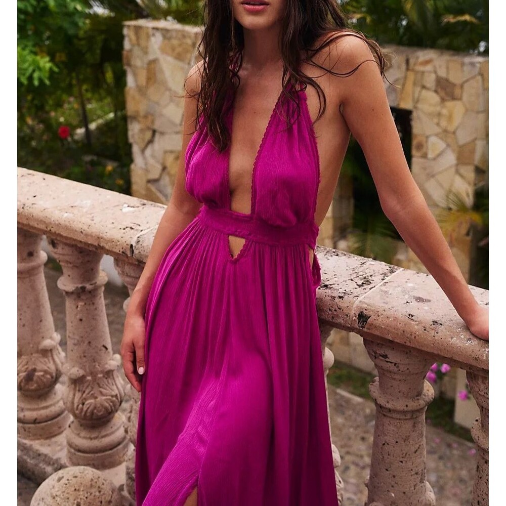 Free People Look Into the Sun Maxi Dress Halter Cutout Smocked Beach L 286834 - Picture 2 of 9